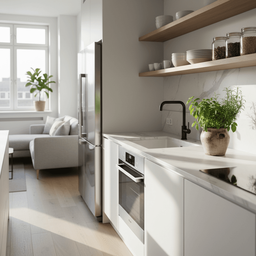 Interior rumah subsidi modern dengan dapur lengkap